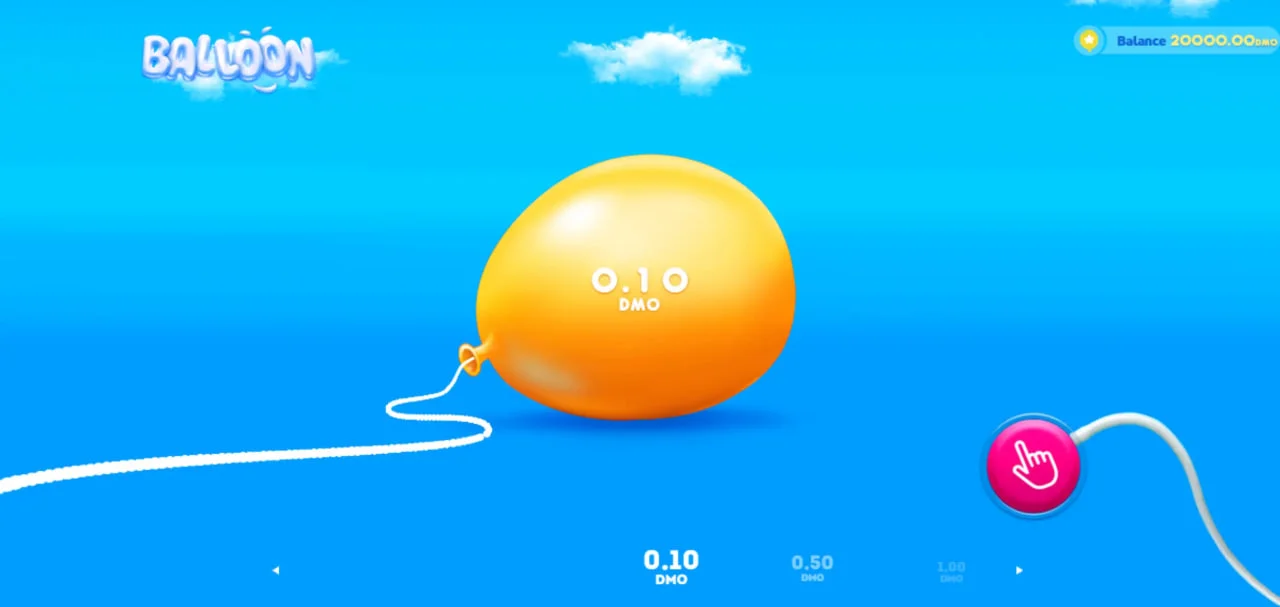 Interfaz del juego Balloon mostrando un globo naranja inflándose con un botón rosado para detener